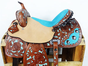 16" TURQUOISE ROUGH OUT LEATHER BARREL RACING HORSE TRAIL WESTERN SADDLE TACK