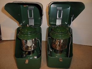 Lot of 2 Coleman Green Metal Case & 1970 Model 220 Lanterns Camping Excellent!