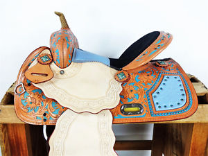 14" TURQUOISE OSTRICH LEATHER BARREL RACING HORSE TRAIL WESTERN SADDLE TACK