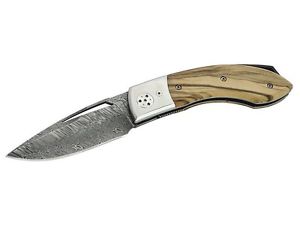 Klappmesser Fox Damast Einhandmesser Damasteel 364 Lagen Olive Neusilber Lederet