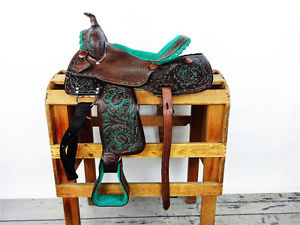 15" GREEN SUEDE WESTERN BARREL RACING LEATHER TRAIL COWBOY HORSE SADDLE TACK
