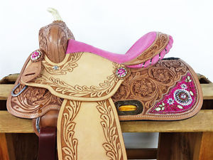 13" PINK BEADED WESTERN HORSE BARREL RACER YOUTH LEATHER TRAIL SHOW SADDLE TACK