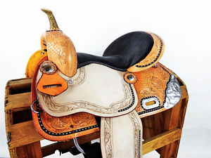 15" ROUGH OUT SILVER LEATHER WESTERN BARREL RACING TRAIL SHOW HORSE SADDLE TACK