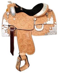 Showman™ floral tooled silver show saddle with silver horn. 16" Model 643416