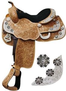 Fully tooled Double T Show saddle with engraved silver accented 16"