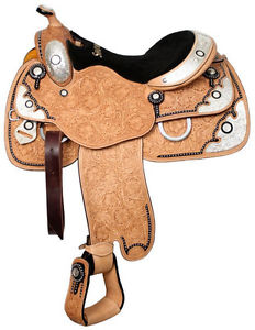 Showman™ floral tooled show saddle with black inlay. 16"