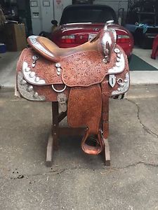 16" Blue Ribbon Silver Horn Show Saddle MATCHING BLUE RIBBON HEADSTALL INCLUDED