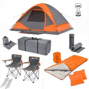 Camping Combo Set 22 Piece Tent Chairs Sleeping Bag And Pad Lantern Orange Gray