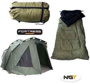NGT 2 Man 3 Rib Fortress Bivvy Tent For Carp Fising + 5 Seasons Sleeping Bag