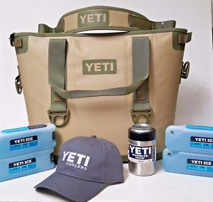 NEW YETI Hopper 30 PORTABLE COOLER TAN BLAZE/ORANGE 4/1LB ICE COLSTER HAT