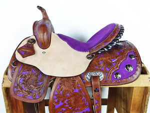 15" PUPRLE PAINTED ROUGH OUT LEATHER BARREL RACER HORSE TRAIL WESTERN SADDLE