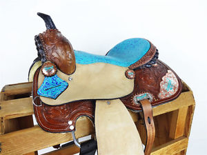 14" TURQUOISE COWGIRL UP WESTERN BARREL RACING LEATHER TRAIL HORSE SADDLE TACK