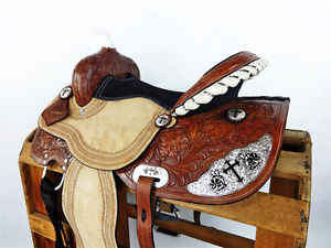 16" ROUGH OUT CROSS WESTERN LEATHER HORSE SILVER BARREL RACING TRAIL SADDLE TACK