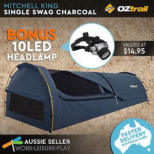 OZtrail Mitchell King Single Canvas Swag Charcoal Camping Tent 3 Pole Dome