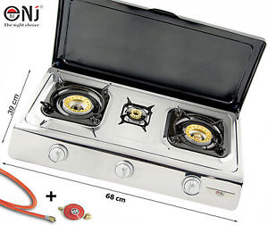 Edelstahl Gaskocher 3 flammig mit Deckel 10 KW Campingkocher mit Zündsicherung