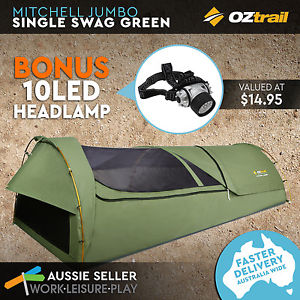 Oztrail Mitchell Jumbo Single Swag Green 3 Pole Dome, 245x110cm, Thicker Mattres