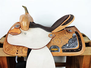 16" ROUGH OUT SILVER LEATHER WESTERN BARREL RACING TRAIL SHOW HORSE SADDLE TACK