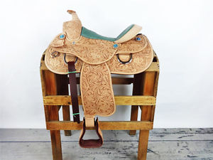 16" TEAL LEATHER BARREL RACING HORSE WESTERN PLEASURE TRAIL COWBOY SADDLE TACK