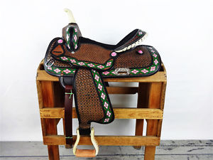 15" PINK RAWHIDE LEATHER BARREL RACING HORSE TRAIL SHOW WESTERN SADDLE TACK
