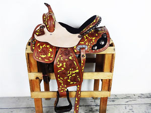 15" LIME GREEN LEATHER ROUGH OUT BARREL RACING HORSE TRAIL WESTERN SADDLE TACK