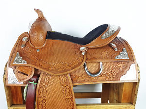 15" BROWN WESTERN COWBOY SILVER SHOW RODEO TRAIL PARADELEATHER HORSE SADDLE TACK