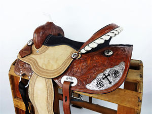 15" ROUGH OUT CROSS WESTERN LEATHER HORSE SILVER BARREL RACING TRAIL SADDLE TACK