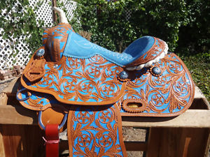 12" BLUE WESTERN HORSE BARREL RACER YOUTH LEATHER PLEASURE TRAIL SHOW SADDLE