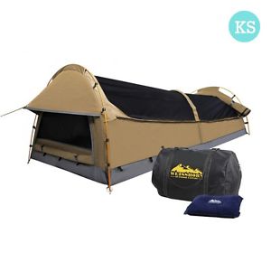 King Single Camping Canvas Swag Tent Beige, Green & Grey with Air Pillow