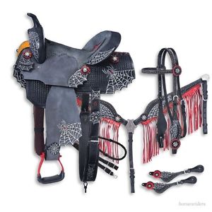 16 Inch Silver Royal-Black Widow-5 Piece Western Saddle Pkg-Web Tooled Crystals