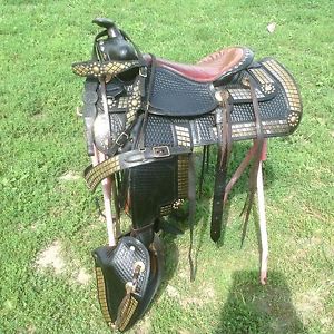 Used/vintage 15.5" Western parade saddle w/breast collar, headstall, tapaderos