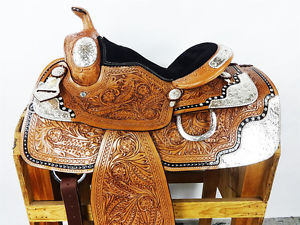 15" WESTERN COWBOY SILVER LEATHER TRAIL TOOLED PARADE SHOW HORSE SADDLE TACK