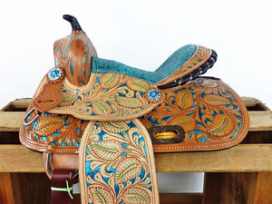 12" TEAL SNAKE WESTERN HORSE BARREL RACING YOUTH LEATHER TRAIL SHOW SADDLE TACK