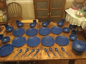 Blue Enamel Camping Dinner And Cookware 35pcs. NWOT