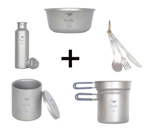 Keith Titanium Cookware Camping Pot and Bowl Titanium Cup and Bottle Flatware