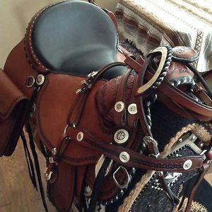 CUSTOM RICK MAYBERRY WESTERN SADDLE, headstall, reins, breastcollar.  UNIQUE