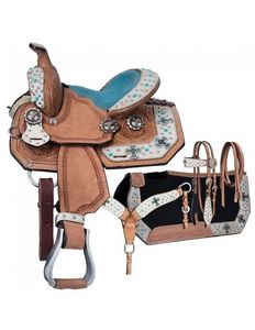 Tough-1 Saddle Floral 4 Piece Cross Conchos Turq 8" Brown 9SR87384P