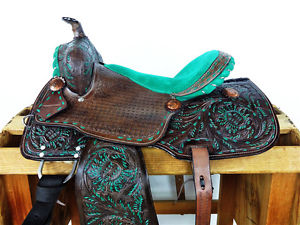 15" GREEN SUEDE WESTERN BARREL RACING LEATHER TRAIL COWBOY HORSE SADDLE TACK