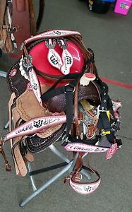 13in pink youth barrel set saddle Texas star conchos with rawhide horn and back