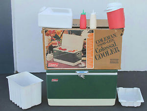 28" VINTAGE METAL GREEN COLEMAN SNOW-LITE COLOSSAL COOLER W/ BOX TRAY & MORE