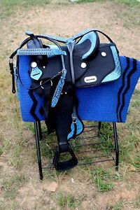 14" Western Cordura Trail Barrel Pleasure Horse SADDLE Bridle Tack Blue 4970