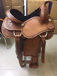 Western Natural American Cowhide Pleasure Trail Hand Carved 17" Saddle