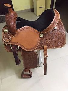 Western Natural American Cowhide Pleasure Trail Hand Carved 16" Saddle