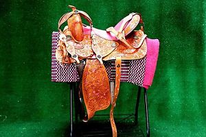 15" Horse Western Barrel Show Pleasure LEATHER SADDLE Bridle Pink 50S05