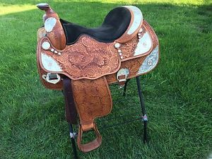 Big Horn Show Saddle,16 inch, Bridle, Sliver Horse Shoe and Gold Rider