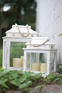 Set of 2 Whitewashed Wooden Pillar Candle Holder Lanterns 15''-21''H.