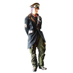 Noir Steampunk Veste avec Simili-cuir Brun Garniture