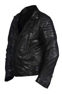 Hampton Neuf Rétro Hommes Motard Vrai Mode 100% Noir Napa Cuir Vieilli