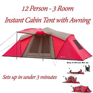 OZARK TRAIL 21' x 10' 3-Room Instant Tent with Awning, Sleeps 12, Red Color