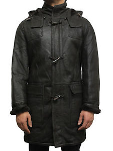 Brandslock Homme 100% Peau De Mouton Véritable Cuir Duffle Coat Capuche