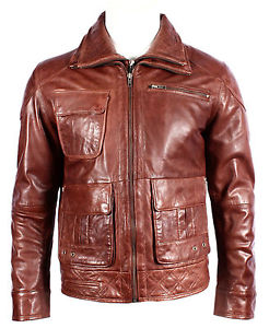 Homme Décontracté Brun Cuir Nappa Multi-poches Veste Motard